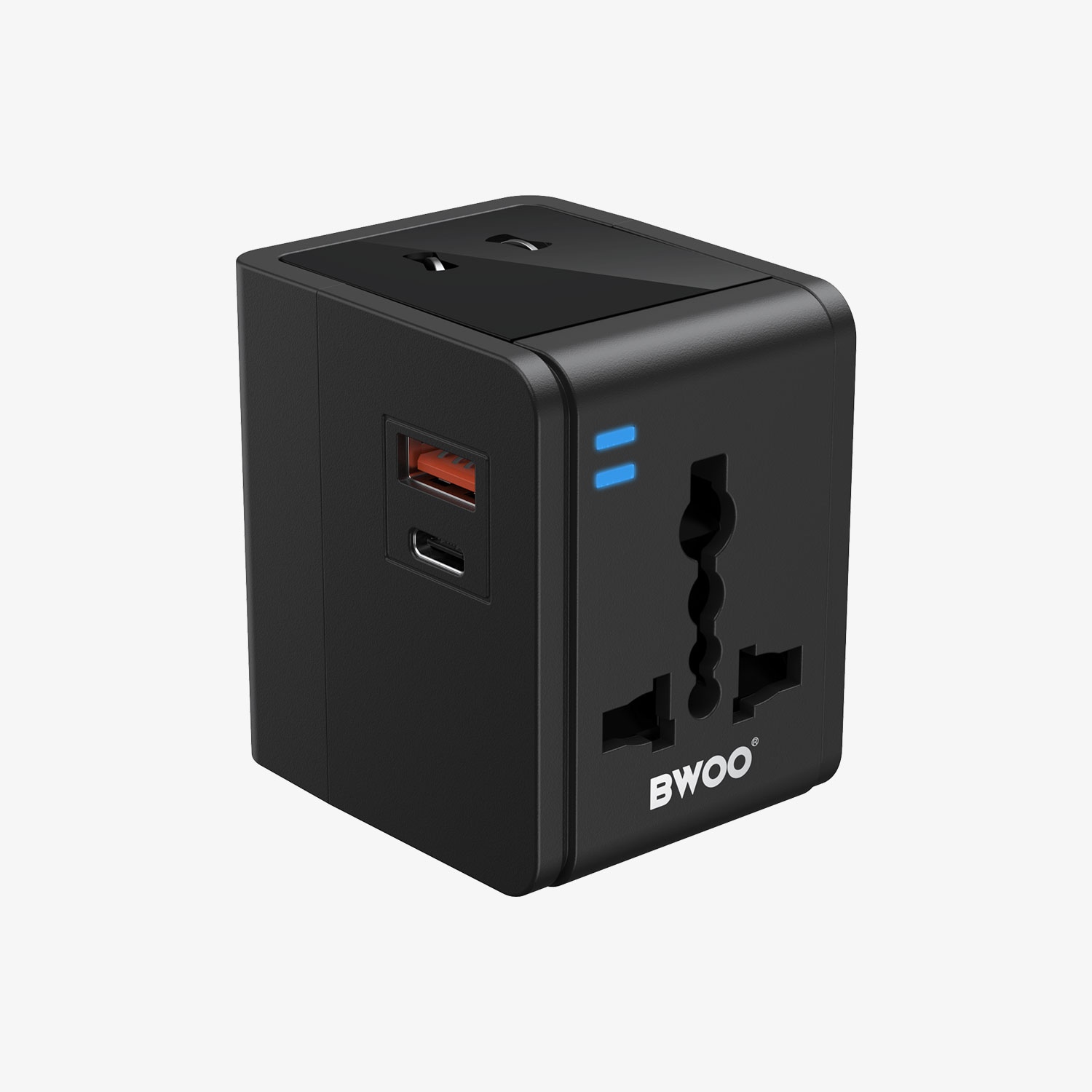 BO-UC06 Adaptateur de voyage 15 W 2 en 1 avec USB-C + USB-A pour l'UE, le Royaume-Uni, l'Australie et les États-Unis.