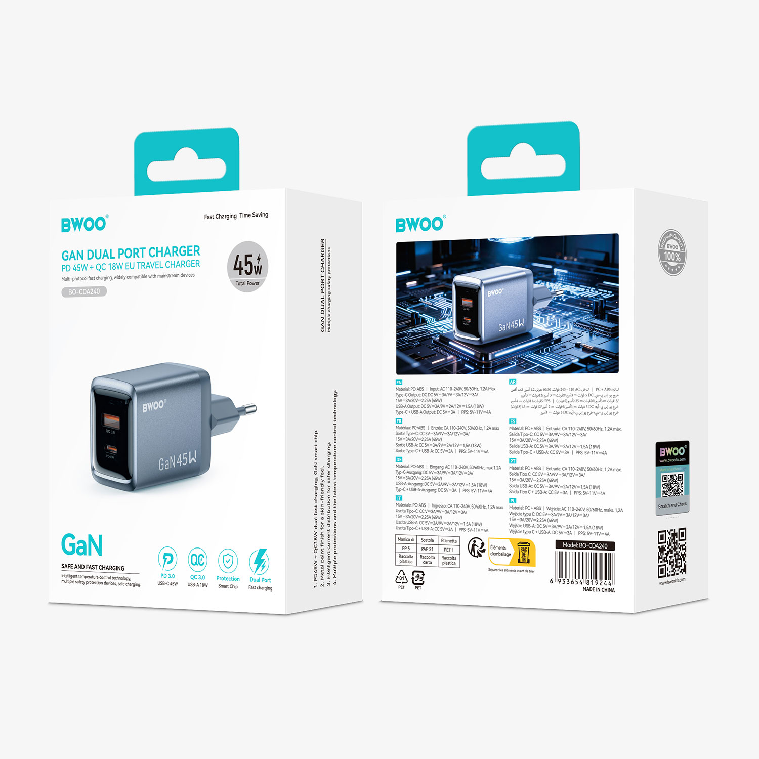 BO-CDA240  Chargeur GaN BWOO GaNex 45 W à double port (USB-A + USB-C)